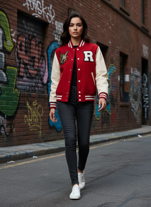 แจ็คเก็ตวาร์ซิตี้สีแดงร็อคสตาร์ระดับพรีเมียม - ผ้าขนสัตว์และหนังคุณภาพสูง สตรีทแวร์ MOQ ต่ำ - Product Image 4