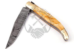 Nuevo cuchillo plegable Laguiole de acero de Damasco, cuchillo de caza para exteriores, el mejor cuchillo de bolsillo afilado con pomo/empena de resina beige y latón. - Product Image 4