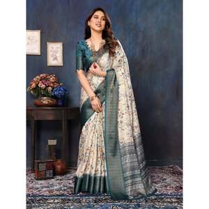 ATTRACTIVE BANARASI SOIE IMPRIMÉ NUMÉRIQUE ET JACQUARD TRAVAIL SAREE AVEC BLOUSE INCOSÉE BLEU - Product Image 1