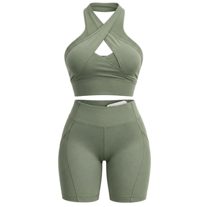Women's Sage <b>Green</b> Cross Back Sports Bra Shorts <b>Set</b> Seamless Yoga <b>Gym</b> Workout Clothing Custom Private Label OEM - Product Image 1