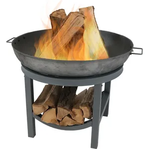 Freestanding Cast Iron Fire Pit with <b>Log</b> Storage for Outdoor <b>Heating</b> Rustic Style Powder Coated Wood Burning - Product Image 1