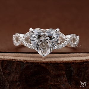 Bague de fiançailles en diamant de laboratoire en forme de cœur, 2 carats, bande pavée torsadée, certifiée IGI, or blanc 10 carats, bague de mariée - Product Image 1