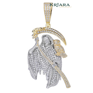 Pendentif Grim Reaper en diamant de laboratoire, argent 925 plaqué or 18 carats, taille ronde, unisexe, style hip-hop - Product Image 1