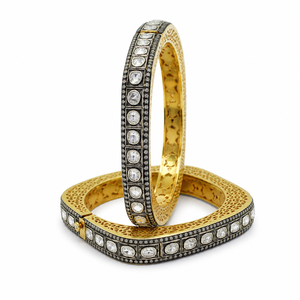 Heritage 925 Sterling Silver Gold Plated Kundan Polki Square <b>Bangle</b> with Antique Black Rhodium Finish - Product Image 4