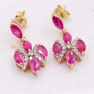 Handmade Women's Geometric Drop <b>Dangle</b> <b>Earrings</b> 14k Solid Yellow Gold Natural Ruby <b>Diamond</b> Gemstone Classic Engagement Wedding - Product Image 1