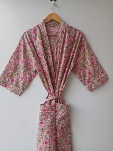 Kimono Floral Hecho a Mano con Estampado de Bloques, 100% Algodón, Bata Larga de Noche, Fabricante Mayorista, Manga Larga con Bolsillos - Product Image 2