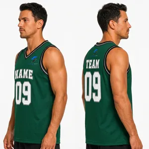 Maillot de basket vert personnalisé pour homme, col en V, sans manches, impression par sublimation, nom de l'équipe 09, maille respirante, coupe classique, 100 % polyester - Product Image 1
