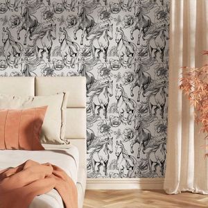 Carta da Parati Moderna con Peonie e Cavalli, Bianco e Nero, Autoadesiva, Facile da Applicare, Decorazione Murale - Product Image 6