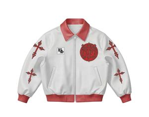<b>White</b> Pu Bomber <b>Jacket</b> With Red Cross Embroidery And Logo Patch Streetwear <b>Men</b> Autumn Zipper Front Turn-down Collar - Product Image 1