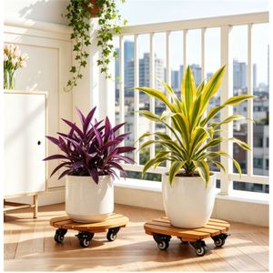 Set di 2 Supporti per Piante in Legno Naturale con 4 Ruote, Carrello Portatile Robusto per Vasi da Giardino e Carrelli da Trasporto - Product Image 3