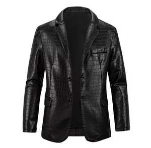 Men's Black Genuine Leather Breathable <b>Jacket</b> Stand Collar Zipper Closure High Street Style Winter <b>Smart</b> Casual Fit Regular - Product Image 1