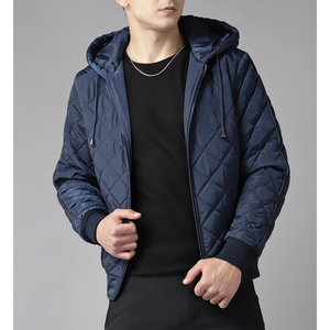 Men's Navy Quilted Hooded <b>Jacket</b> With Zipper Closure Windproof Winter Outerwear Casual Style Polyester Wadding - Product Image 1