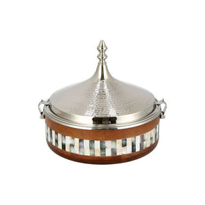Casserole ronde en bois de style vintage avec couvercle en acier inoxydable et incrustation de nacre pour la maison, les mariages et le Ramadan - Product Image 1