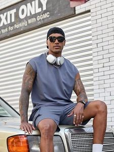 เสื้อกล้ามแขนกุดแบบยูนิเซ็กซ์และกางเกงขาสั้นคาร์โก้ชุดสีฟ้าระบายอากาศได้ดีชุดกีฬาถักแบบลำลองทรงหลวมฤดูใบไม้ผลิฤดูร้อน - Product Image 3