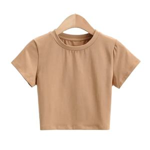 Camiseta Corta de Mujer, Estilo Vintage, Cuello Redondo, Corte Ajustado, Manga Corta, Color Sólido, Informal, Tejida, 100% Algodón, Transpirable y Ecológica - Product Image 1