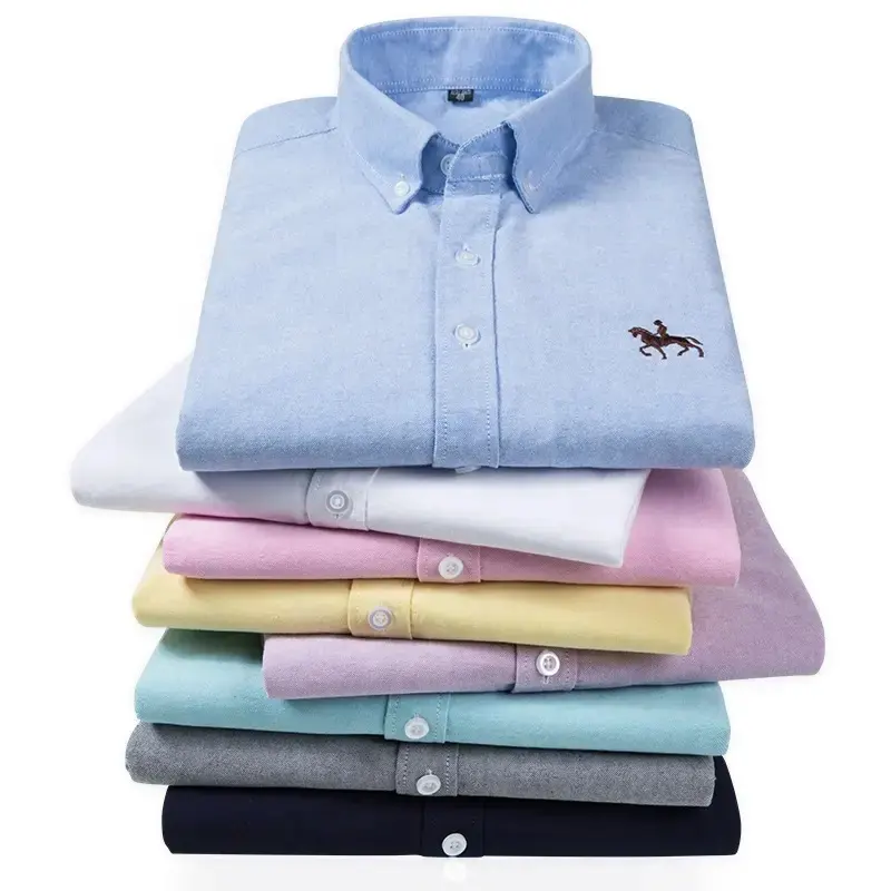 Camisa oxford de algodão ecológico, camisa bordada e casual masculina de manga longa com manga comprida, 100%
