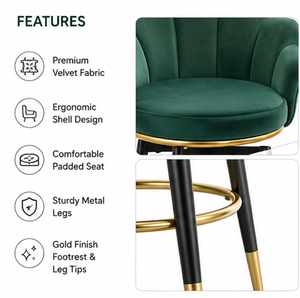 Chaise de bar moderne en velours vert avec structure en métal doré et dossier en forme de coquille pour bar à domicile ou usage commercial - Product Image 3