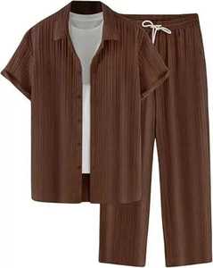 Men Summer 2 Piece Set Short Sleeve Button Shirt Drawstring <b>Pants</b> Pleated Lounge Outfit Turn <b>Down</b> Collar Elastic Waist - Product Image 6
