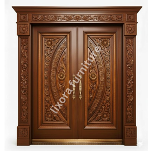 Puerta Principal Doble de Madera Sólida Hecha a Mano de Lujo con Tallado Floral Ornamentado y Acabado Premium - Product Image 5