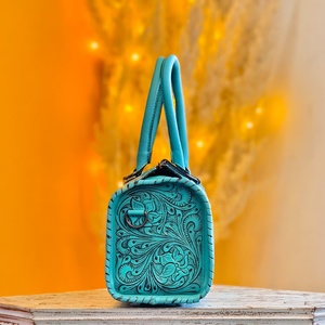 Sky Blue Color 100% Genuine Leather Mini Speedy Duffle <b>Bags</b> Women's Beautiful Attractive Floral Carved With Single Stone <b>Studded</b> - Product Image 5