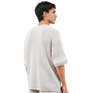 Camiseta de punto de ganchillo con rayas en contraste, gris, manga corta, tejido texturizado, informal de verano, transpirable, cuello redondo - Product Image 5