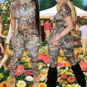 Women's Camo Print 2-Piece <b>Set</b> Short Sleeve Crop Top Skinny Full Length Pants <b>Sexy</b> Club Wear Breathable Knitted Spandex - Product Image 2