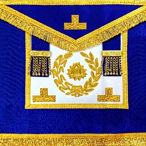 Delantal Masónico Almoner Craft Full Dress, Azul con Logotipo Bordado en Dorado, Flecos Dorados, Cosido a Mano, Regalia Clásica - Product Image 4