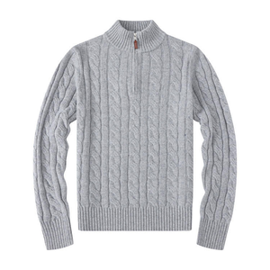 Pull-over à manches longues en tricot torsadé avec col roulé et fermeture éclair, logo brodé, cardigan pour homme, fabriqué par Triveers - Product Image 1