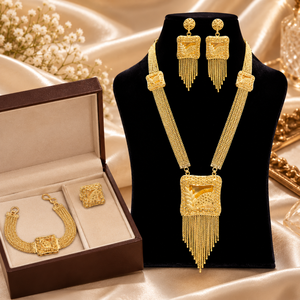 Parure de collier long à pampilles carrées superposées plaqué or 24 carats pour femme, avec boucles d'oreilles, bracelet et bague assortis en cuivre et laiton, pour fiançailles et mariage - Product Image 1