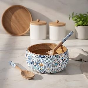 Bol en bois fait main avec motif géométrique bleu et blanc, style bohème, pour servir les aliments - Product Image 5