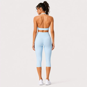 Women's Pink Seamless Yoga Sports Bra And <b>Leggings</b> Set Medium Support Halter Neck Square Neck High <b>Waist</b> Capri Length - Product Image 2