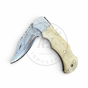 Cuchillo plegable de acero damasco y cobre al por mayor con bloqueo trasero, mango de hueso, personalizado OEM, para caza, supervivencia y actividades al aire libre multifuncional - Product Image 2
