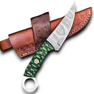 มีดแค้มปิ้งเหล็กดามัสกัสทรงดรอปพอยต์คมกริบ พร้อมปลอกหนังอเนกประสงค์ลายไม้แกะสลัก  OEM/ODM - Product Image 1