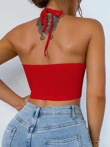 Ribbed Knit Halter Neck Cutout Activewear <b>Crop</b> <b>Top</b> Keyhole Front Tie Back Workout Sports Bra Elastic Athletic Tank - Product Image 5