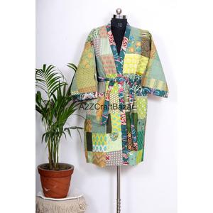 Robe longue indienne vintage faite à la main Kantha pour femme, col en V, à cordon de serrage, manches longues, 100 % coton, séchage rapide, douce et respirante, avec short - Product Image 3