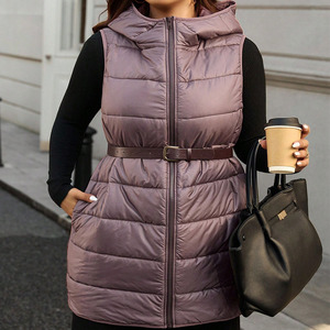 Gilet matelassé sans manches pour femme, couleur unie, à capuche, design personnalisé, trois poches, fermeture éclair, gilet rembourré - Product Image 3