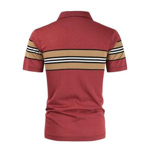 Men's Striped Short Sleeve <b>Polo</b> Shirt Knitted Casual Regular Fit Red with Beige and <b>White</b> Stripes - Product Image 2