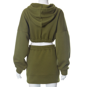Women Olive Green Hooded Crop Top Tracksuit <b>Set</b> Full Sleeve Solid Color Casual <b>Jogger</b> With Side Pockets Elastic Waist - Product Image 3