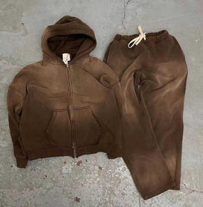 CAPRA INTERNATIONAL Vintage Stone Wash Streetwear Winter Hoodie Cotton Drawstring Sweatpants Set Custom Logo Solid Breathable - Product Image 1