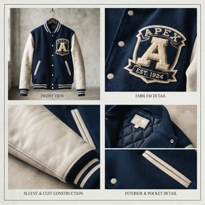 Veste de baseball personnalisée en laine bleu marine avec manches en cuir blanc et patch brodé de qualité supérieure - Product Image 5