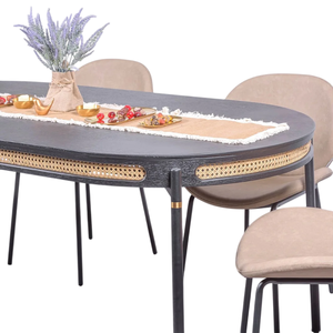 Table de salle à manger ovale 6 places en bois de manguier industriel de forme naturelle avec base métallique et pieds pliants, finition noire, écologique et durable - Product Image 5