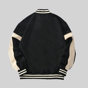 Men's Black Varsity Jacket Woolen Quick Dry Cotton-Lined Stand Collar <b>Covered</b> <b>Button</b> Closure Full-Sleeve Blank Spring Wear - Product Image 3