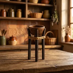 Brûleur d'encens rustique en bois, bol lisse, support quadrupède noir, accent en corde tressée, décoration d'intérieur chic et esthétique pour l'aromathérapie - Product Image 5