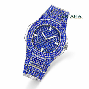 Montre pour homme en acier inoxydable avec diamant bleu moissanite, montre-bracelet à quartz analogique unisexe - Product Image 1