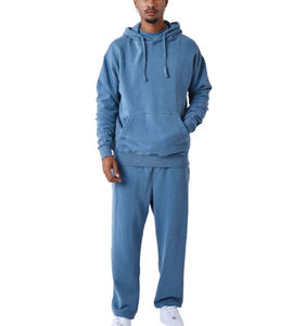 Ensemble de survêtement à capuche bleu délavé pour homme, 100 % coton, coupe décontractée, couleur unie, pour l'hiver - Product Image 1