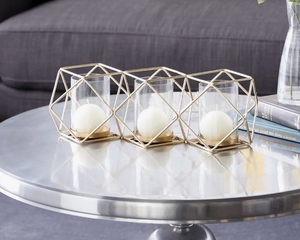 Gold Metal Geometric 3-Votive Candle Holder - Modern Triple <b>Cube</b> Candelabra with Glass Inserts for <b>Table</b> Centerpiece Home Decor - Product Image 1