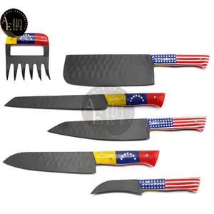 5件菜刀套装 & 烧烤爪，带D2钢黑色涂层刀片，带美国和委内瑞拉国旗手柄，带皮革卷套件