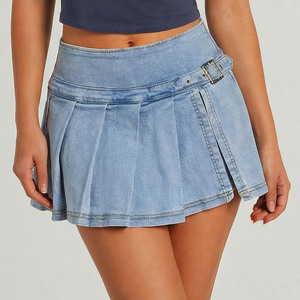 Jupe Courte en Jean Plissée Taille Haute pour Femme 2026, Style Vintage Délavé avec Boutons sur le Devant et Poches, Idéale pour l'Été Décontracté et Doux - Product Image 4