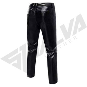 Pantalon décontracté pour homme en cuir enduit noir imperméable, coupe droite, taille haute, avec cordon de serrage, poids moyen, pour l'hiver - Product Image 2
