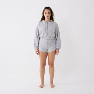 Women's Gray Hooded Crop Top and Shorts Set Long Sleeve Fleece Two <b>Piece</b> Casual <b>Outfit</b> Solid Color - Product Image 4